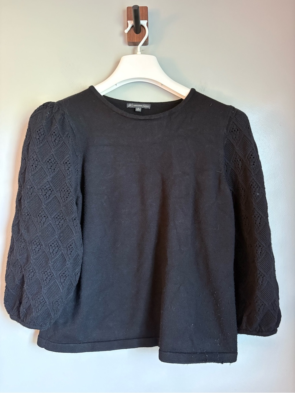 Adrianna Papell Black Pointelle Crochet Sleeve Knit Sweater Top Medium M